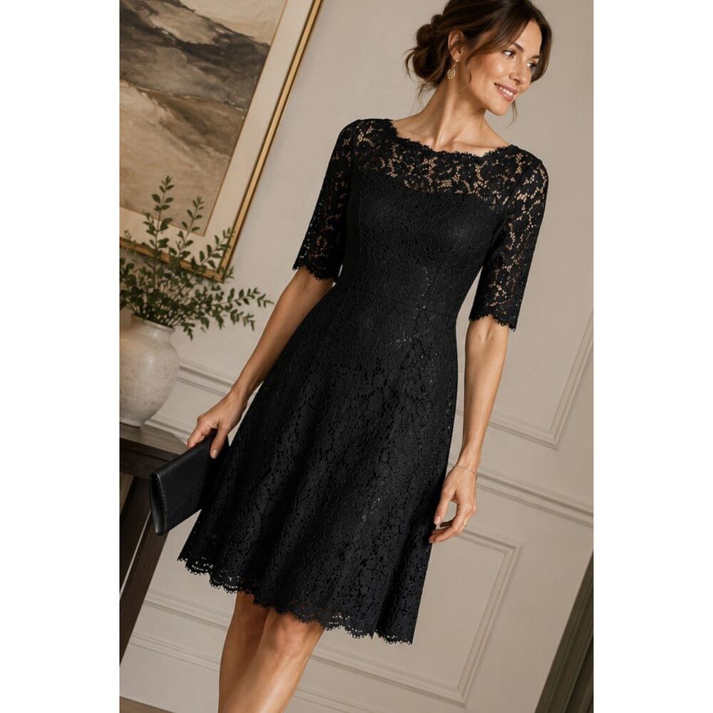 Eliza J Sheer Lace Overlay Black Cocktail Dress Sz 2 LBD Lined Goth Witchy - Picture 2 of 16